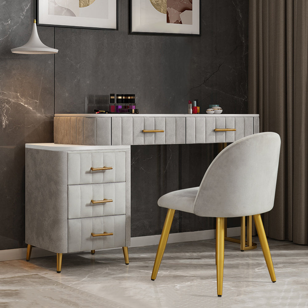 Modern Velvet Upholstered Makeup Vanity Expandable Dressing Table with Cabinet & Chair