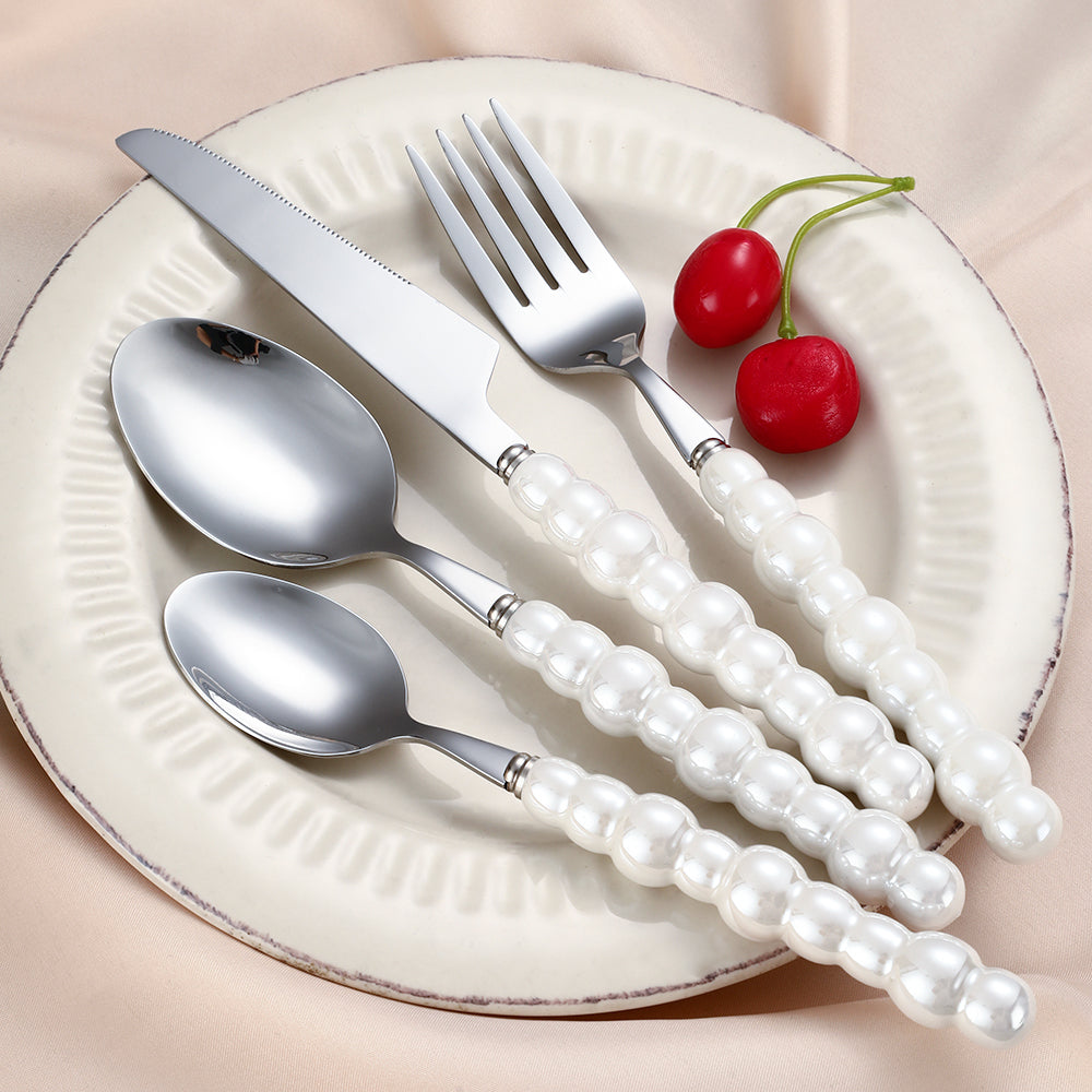 Modern Flatware Set for 4 Ceramic Unique White Pearl 16-Piece Cutlery Set