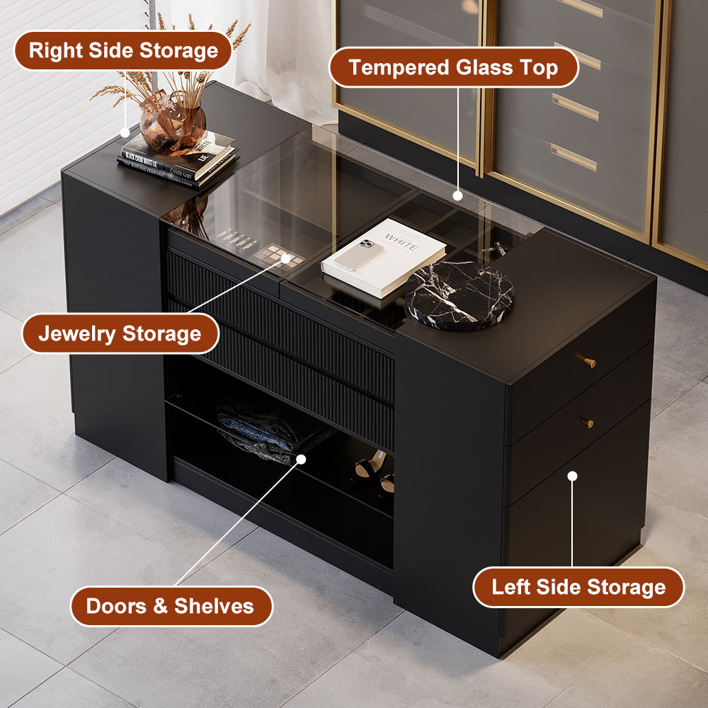 1530mmW Modern Black Dresser with Doors & Drawers Walk in Closet Island Jewelry Storage