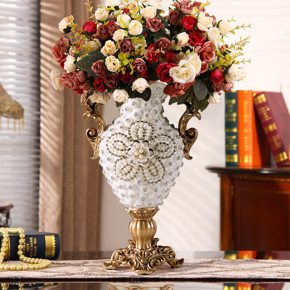 Shinely 380mm European Retro White & Gold Resin Large Flower Vase Decor Art Living Room