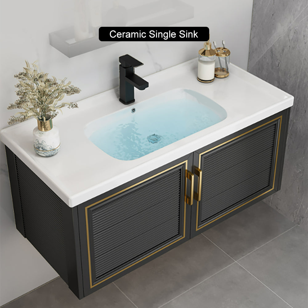 1010mm Black Floating Bathroom Vanity Set Drop-In Ceramic Basin with Cabinet