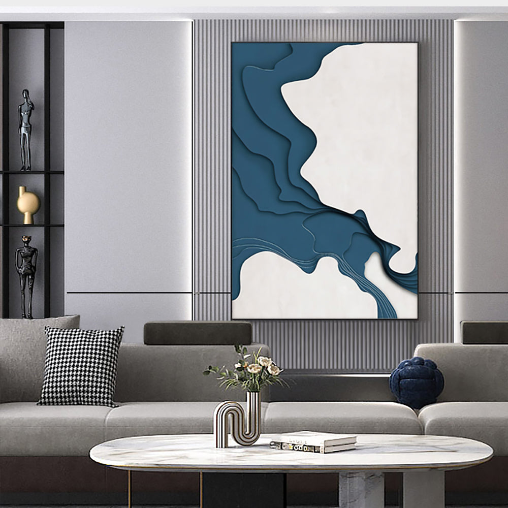 Modern Rectangle Wall Decor Abstract Canvas Print Art with Frame in Blue & White