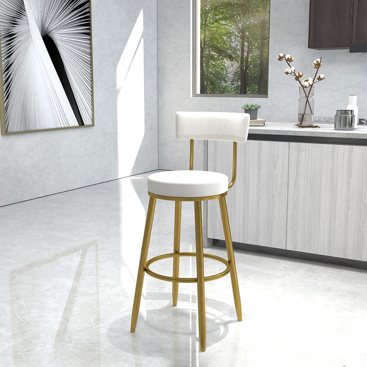 Round White Bar Height Stool Velvet Upholstery with Back & Footrest for Kitchen Island