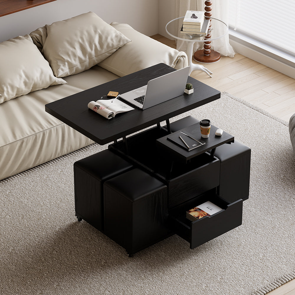 Modern Black Lift Top Coffee Table 4 in 1 with Storage Ottoman Foldable and Casters Transforming Into Dining Table