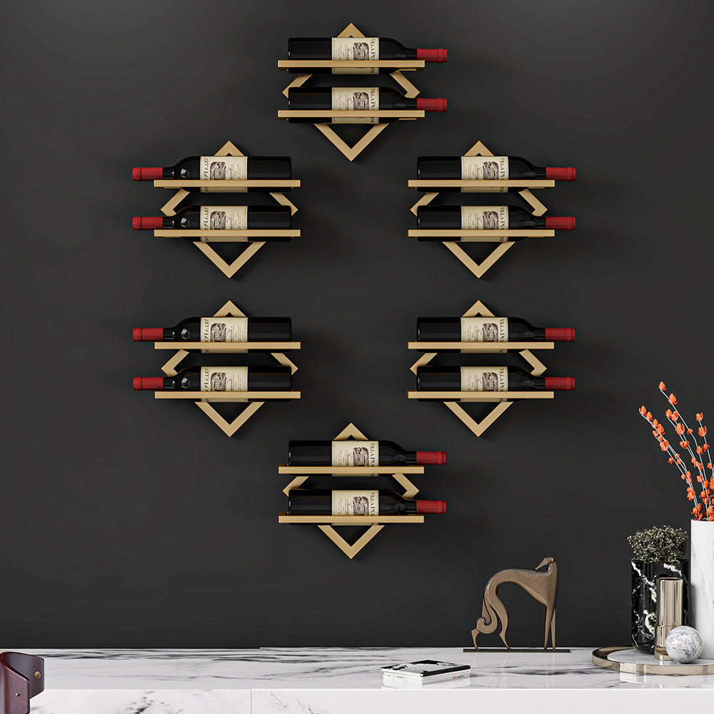 Gold Wall Mounted Wine Bottle Rack 6 Piece 12 Bottle Metal Hanging Wine Rack