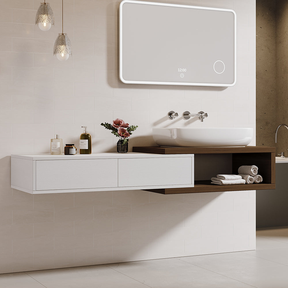 Modern Extendable Floating Bathroom Vanity Set Wall Mounted Vanity in White & Walnut