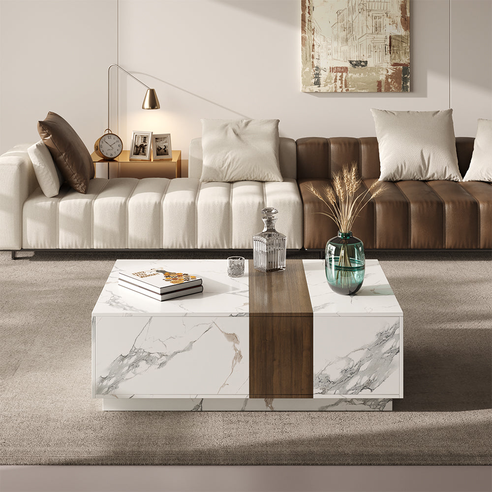 Homary Vewal Wood Block Coffee Table Marble & Walnut Veneer in White with 2 Drawers