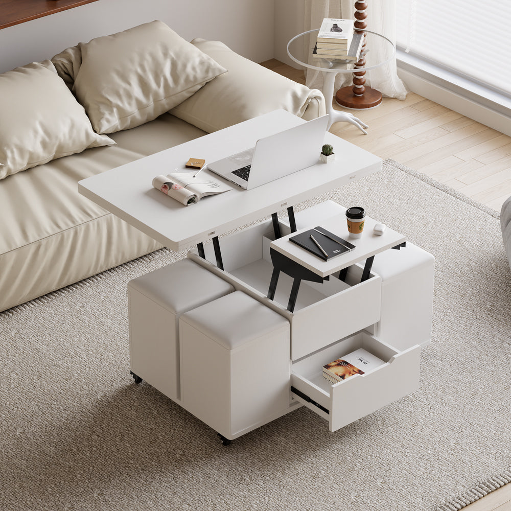 Modern White Lift Top Coffee Table 4 in 1 with Storage Ottoman Foldable and Casters Transforming Into Dining Table