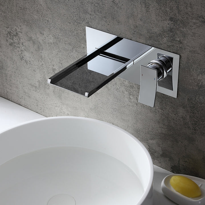 Koko Contemporary LED Wall-Mounted Polished Chrome Brass Waterfall Bathroom Basin Tap