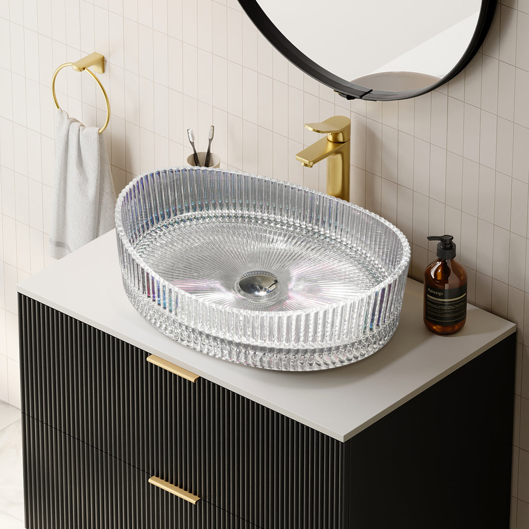 635mm Crystal Glass Countertop Basin Oval Transparent Fluted Washbasin