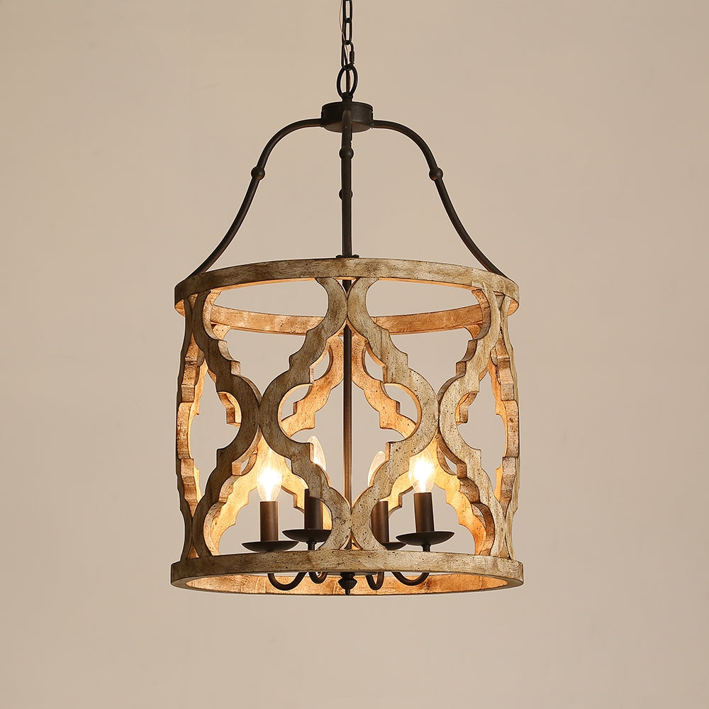 Rustic Distressed Carved Wood 4-Light Lantern Chandelier in Rust