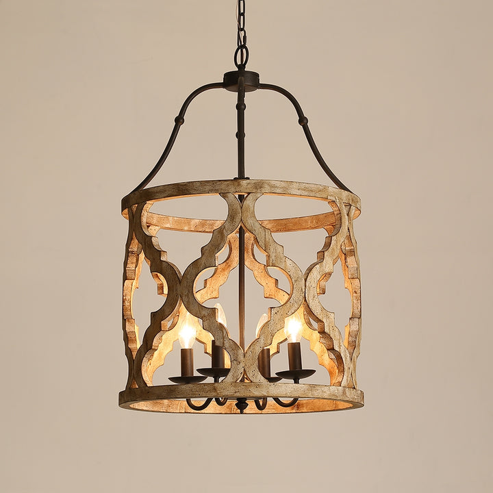 Rustic Distressed Carved Wood 4-Light Lantern Chandelier in Rust