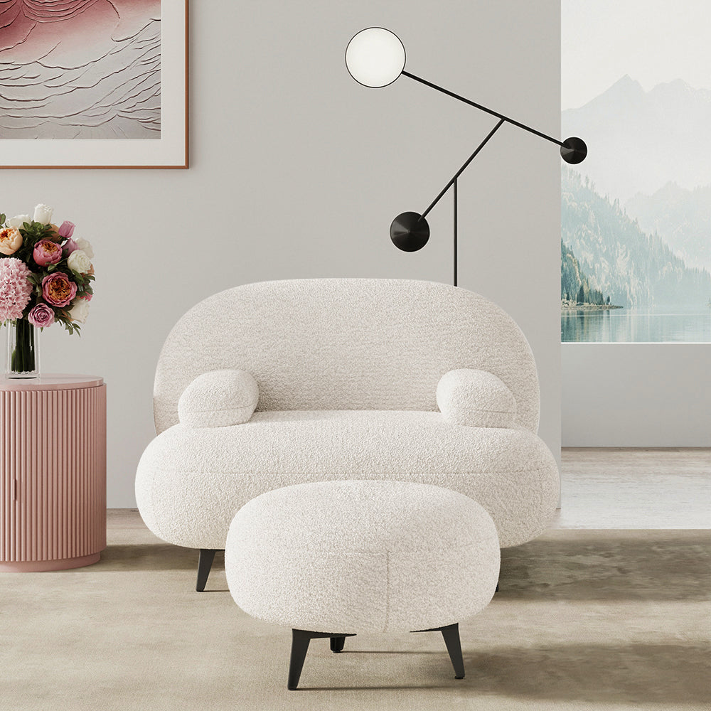 Modern White Cream Boucle Accent Chair with Pouf Ottoman Set Lounge Chair with Footstool