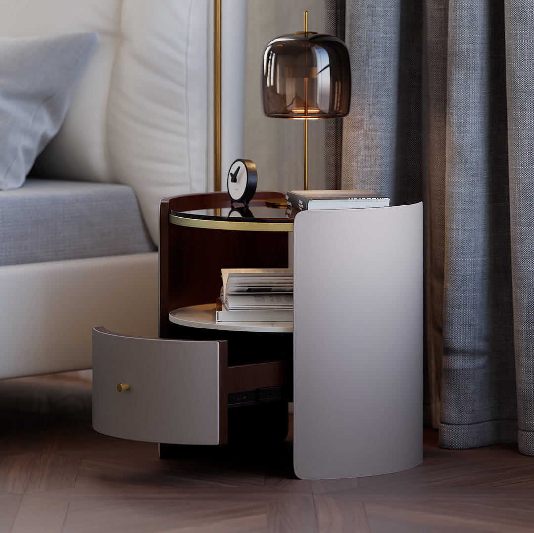 Modern Round Grey Leather Nightstand with Glass Top & Sintered Stone Bedside with Shelf