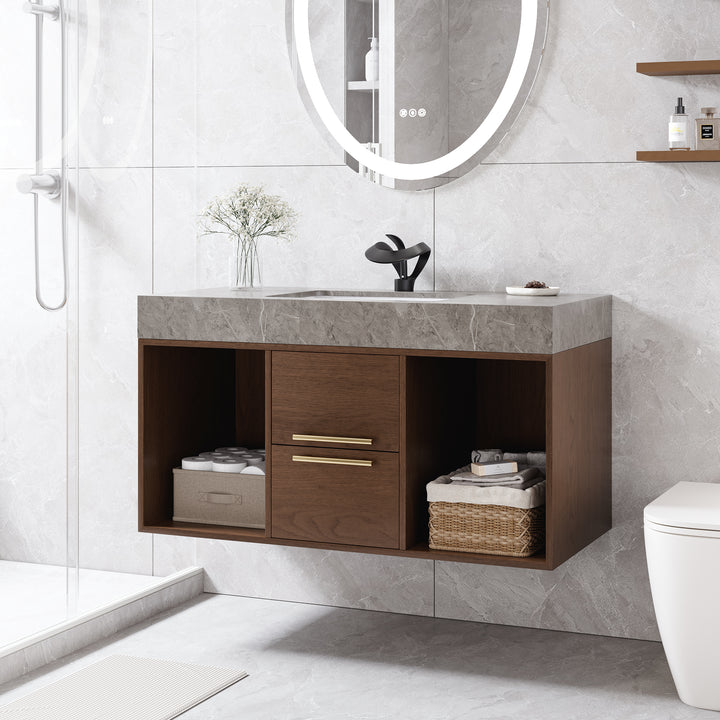 39.4" Floating Bathroom Vanity Walnut with Cultured Marble Vessel Sink with 2 Drawers