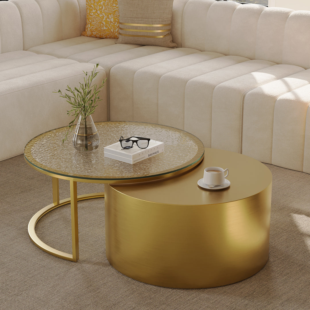 800mm Modern Nesting Round Coffee Table Set with Glass Top and Gold Finish for Living Room