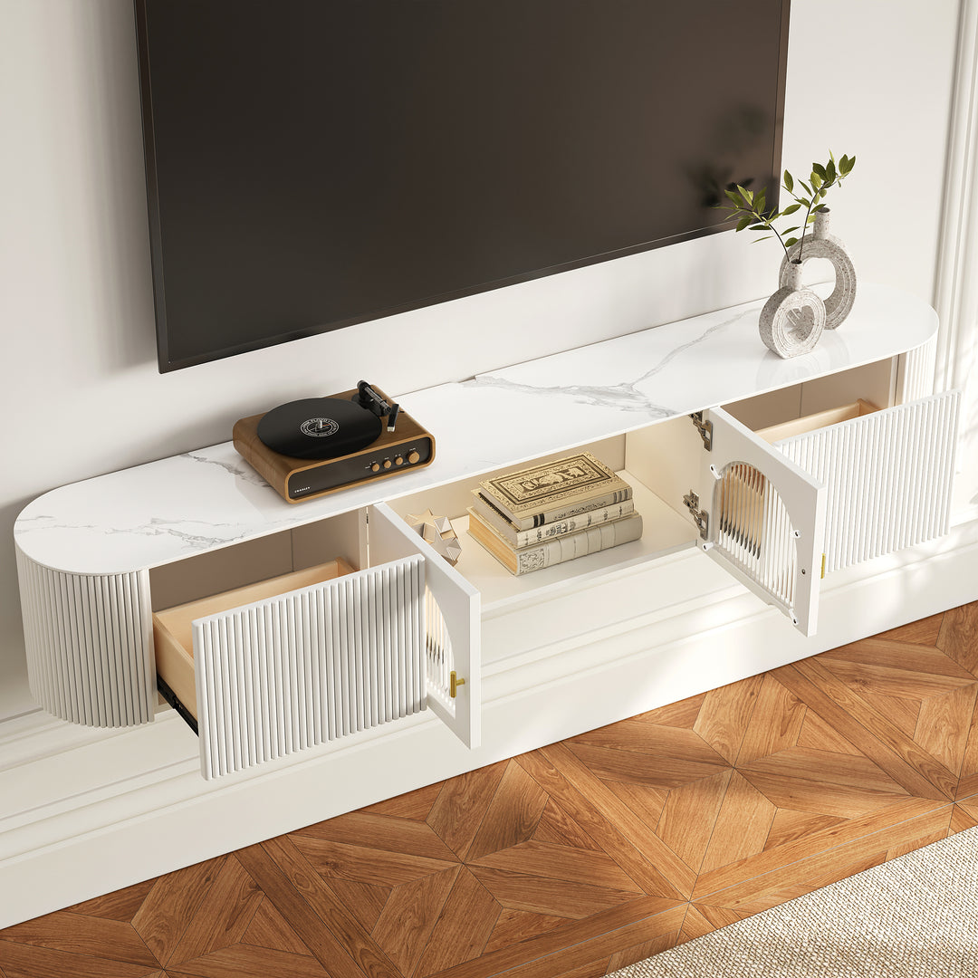 Modern White Floating Media Console Wall-Mounted TV Stand with Storage Sintered Stone Top for 1800 TV