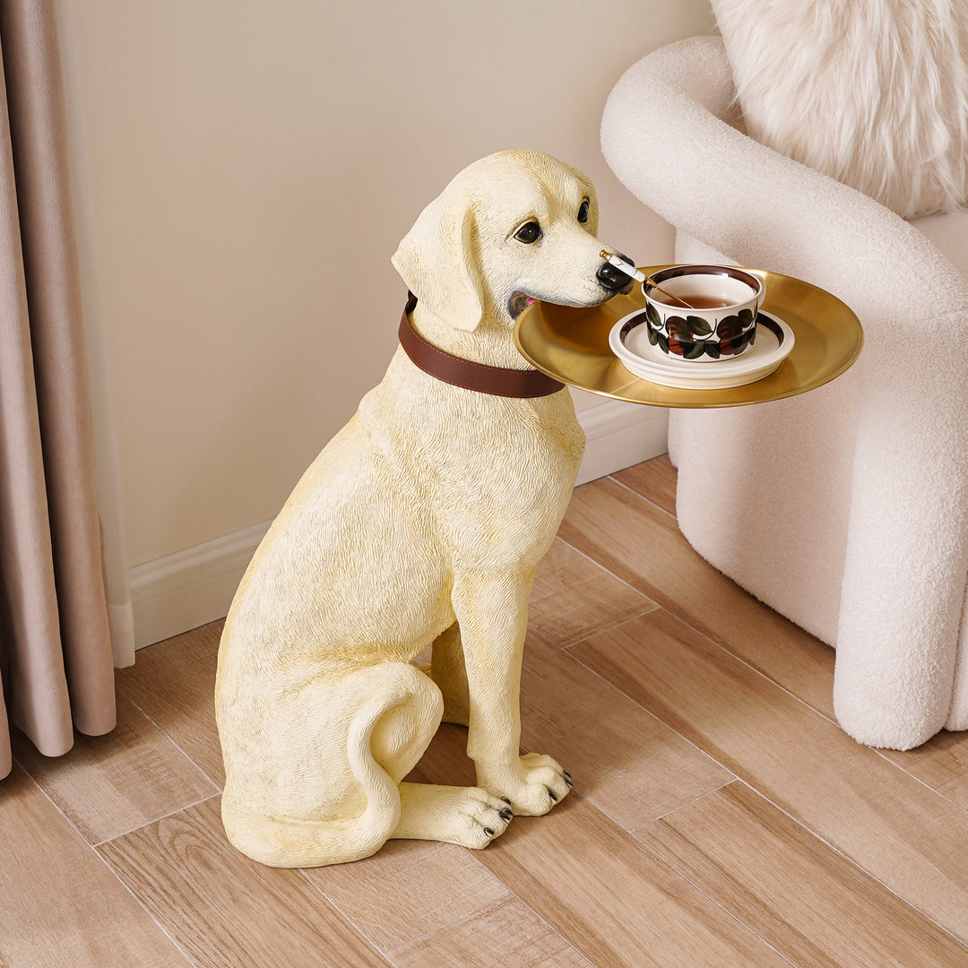 Modern Beige Resin Dog Sculpture Cute End Side Table with Stainless Steel Storage Tray