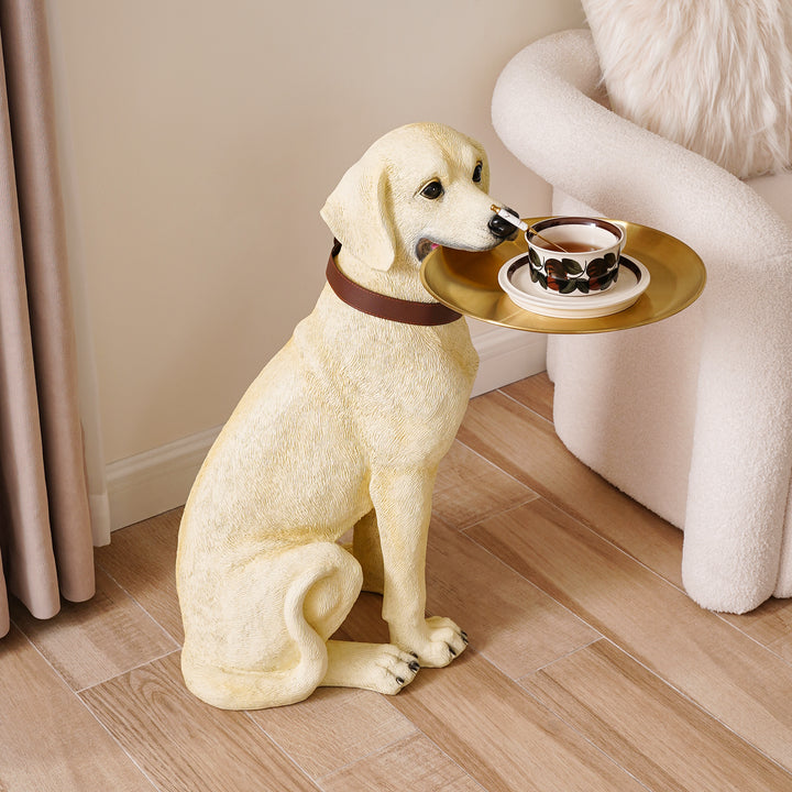 Modern Beige Resin Dog Sculpture Cute End Side Table with Stainless Steel Storage Tray