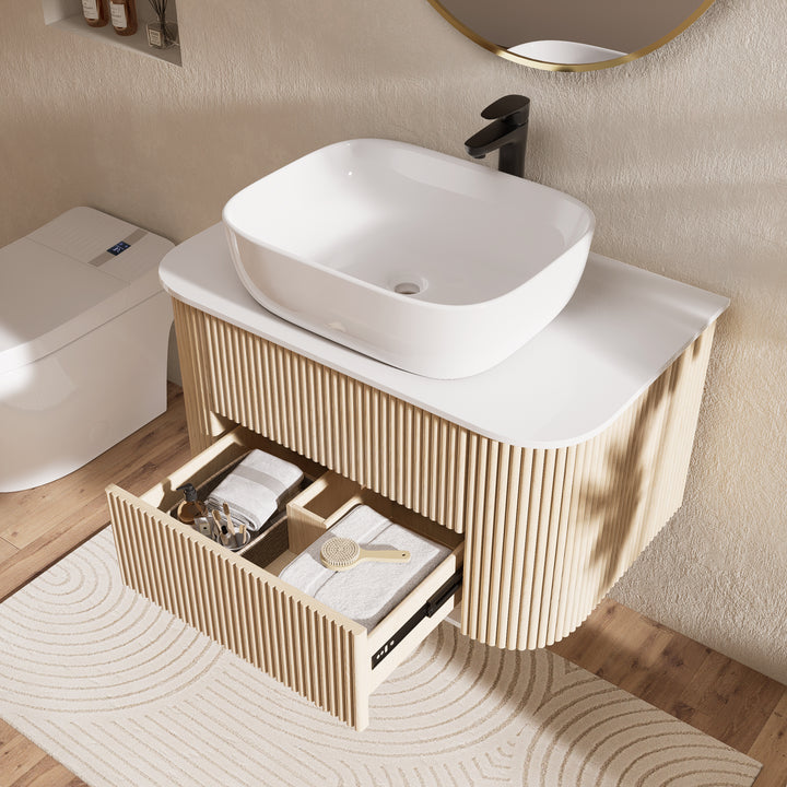 800mm Floating Fluted Wall mounted Bathroom Vanity Set Sintered Stone Top with Vessel Single Basin & 2 Drawers