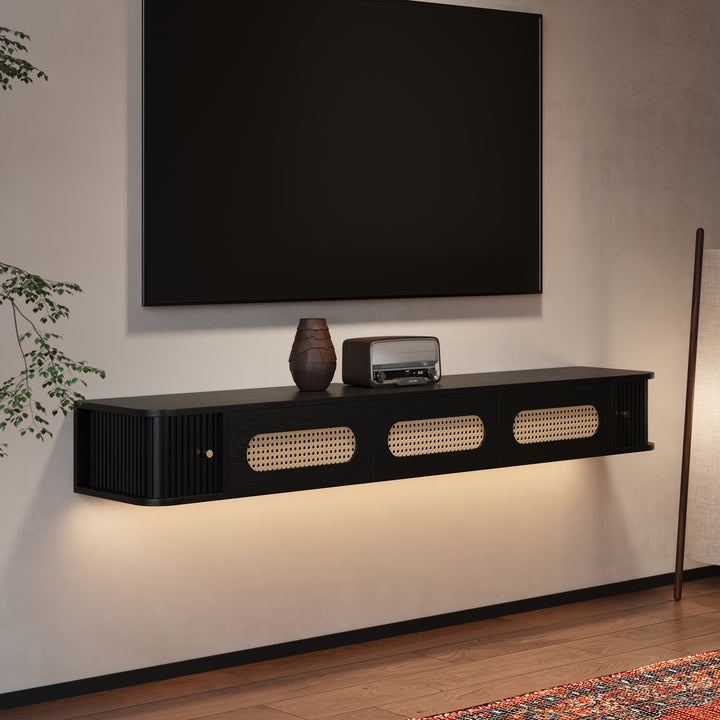 Ratten 1600mm LED Floating TV Stand Mid-Century Modern Black Media Console