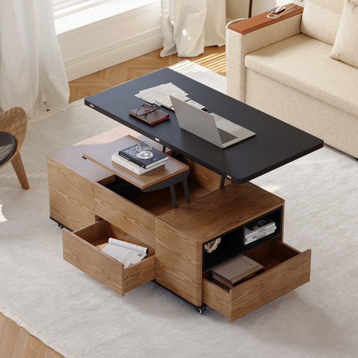 Homary Modern Lift Top Coffee Table Multi Functional Table with 3 Drawers in Walnut & Black