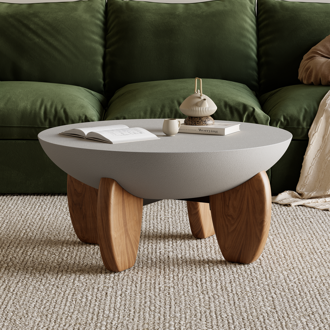 Curva Round Small Modern Gray & Walnut Coffee Table Concrete & Wood Accent Table