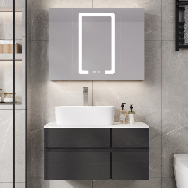 800mm Black & White Floating Bathroom Vanity & Wall-mounted LED Cabinet Vanity Mirror