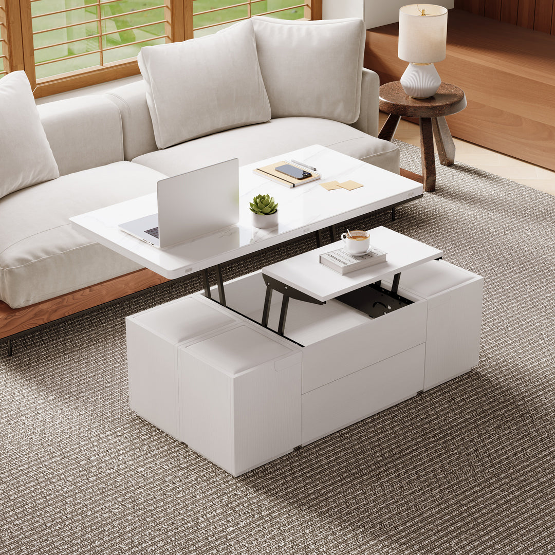 Modern White Lift Top Marble Coffee Table with Drawers & Storage Multifunction Table