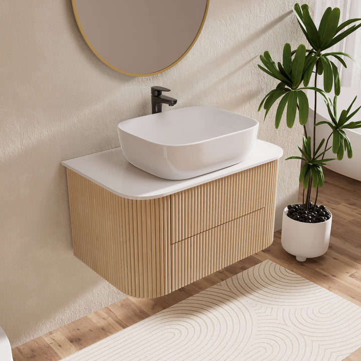 800mm Floating Fluted Wall mounted Bathroom Vanity Set Sintered Stone Top with Vessel Single Basin & 2 Drawers