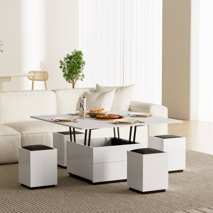 Modern White Lift Top Glass Coffee Table with Drawers & Storage Multifunction Table