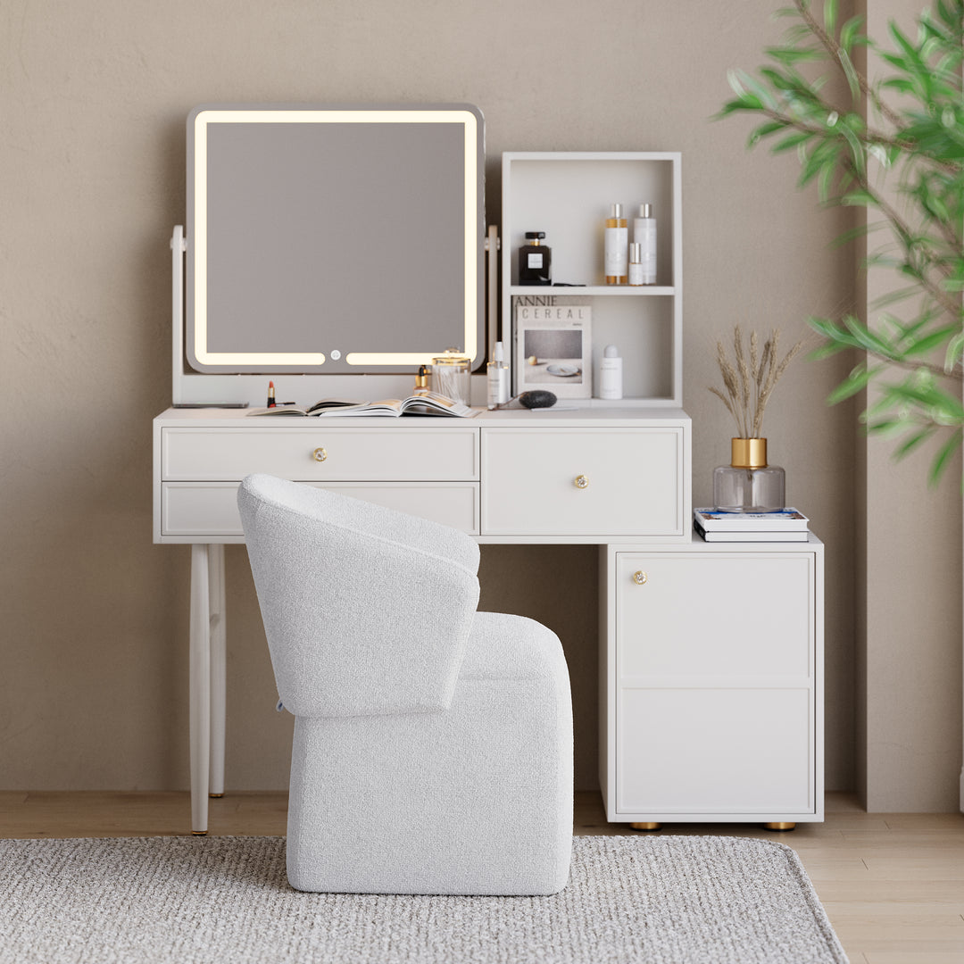 Modern White Boucle Vanity Stool with Storage