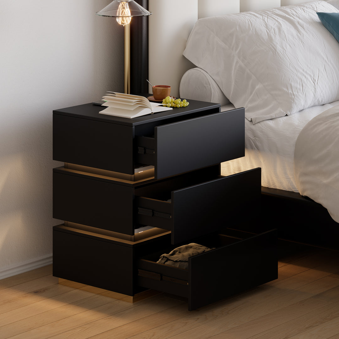 Smart 3-Drawer Nightstand with Charging Station Bedside Table with Light in Black