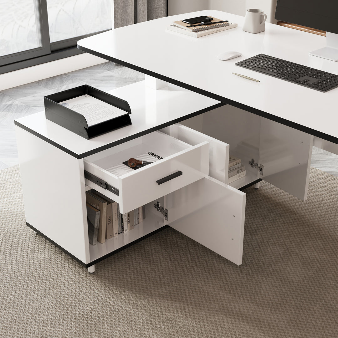 L Shaped Executive Office Desk Standing Desktop with 3 Doors & Drawer White Office Furniture Left Hand(1600mm)