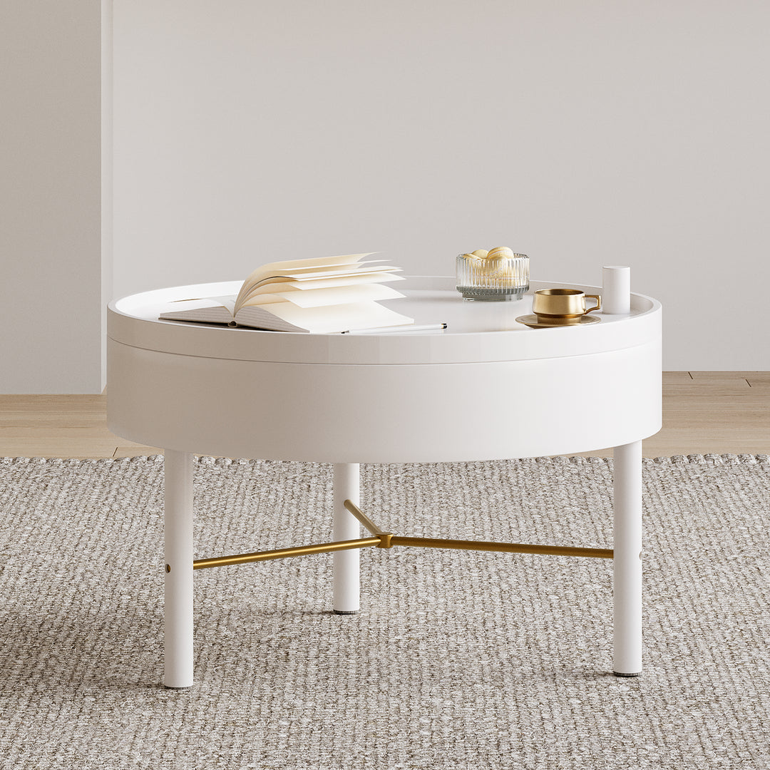 Modern Round Wood Rotating Tray Coffee Table with Storage & Metal Legs in White