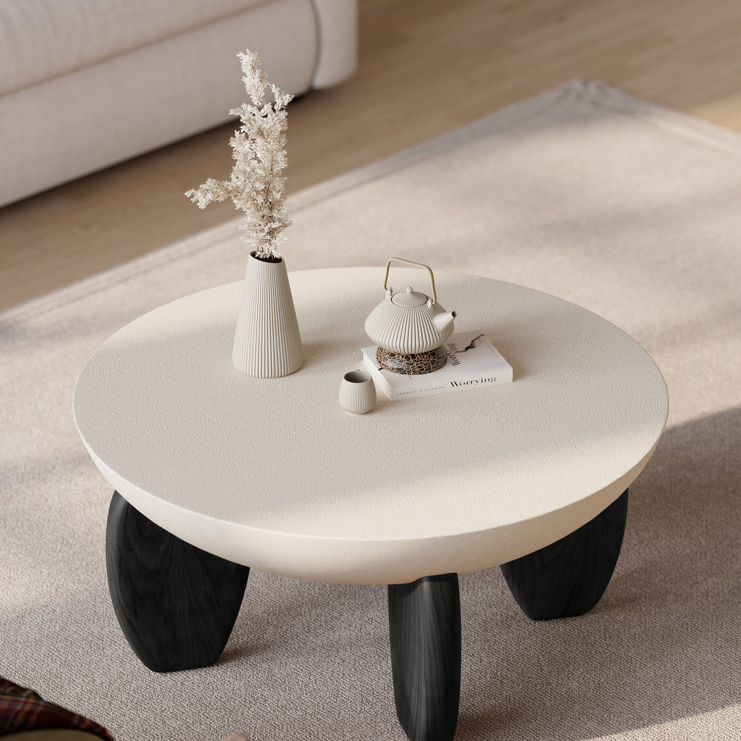 Curva Round Small Modern Beige & Black Coffee Table Concrete & Wood Accent Table