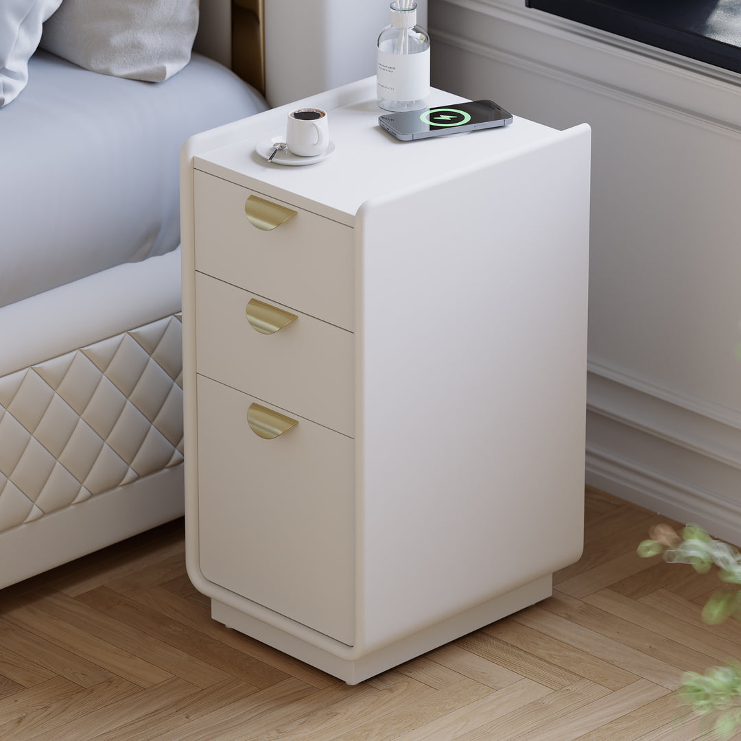 300mm White Leather Smart Narrow Nightstand with Wireless Charger Drawers Bedside Table Set of 2