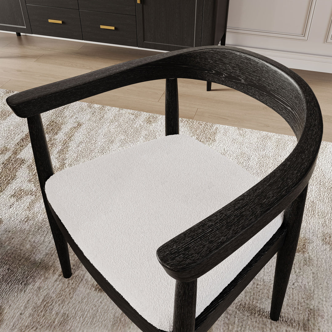 Modern Curved Dining Chairs Sherpa Upholstered Lamb Wool Wooden Armchair Black