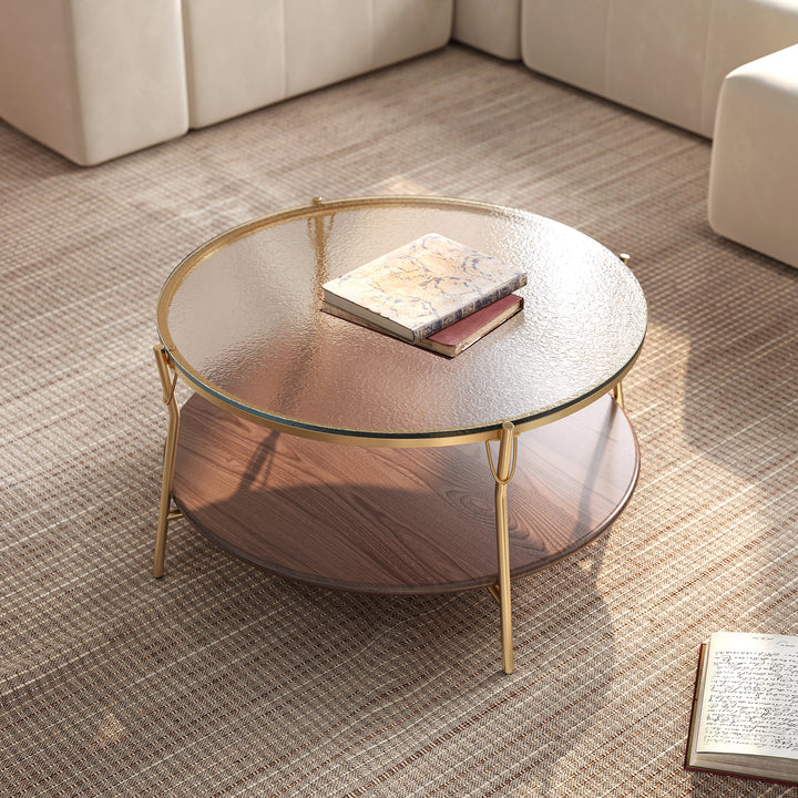 Glass Top Double-Layered Coffee Table with Metal Frame and Wood Layer