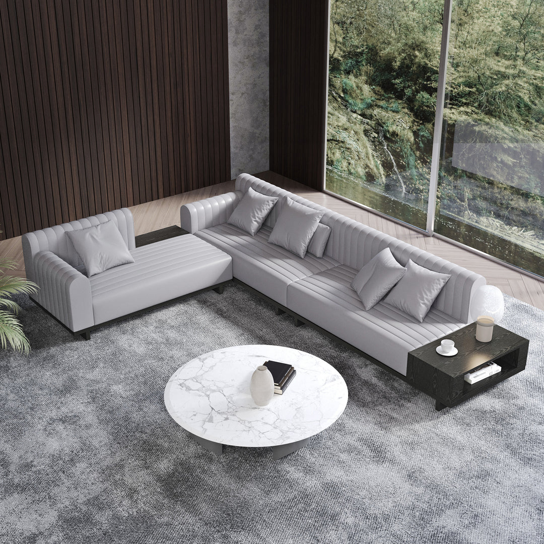 157" Faux Leather L-Shaped Sectional Sofa Modern Light Gray Sectional with Storage Side Table