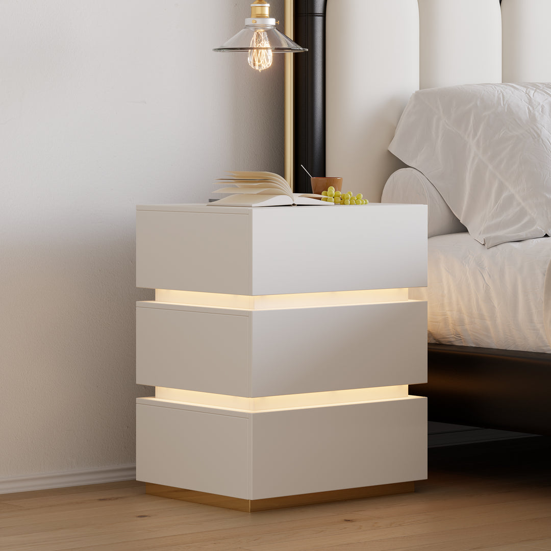 Smart 3-Drawer Nightstand with Charging Station Bedside Table with Light in White