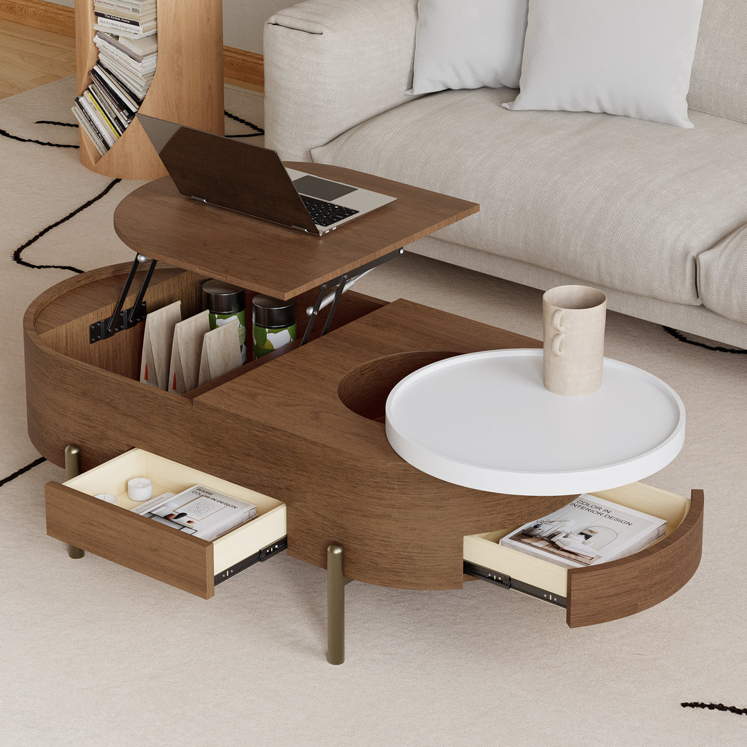 Modern Oval Coffee Table With Height-adjustable Lift Top And Storage Space