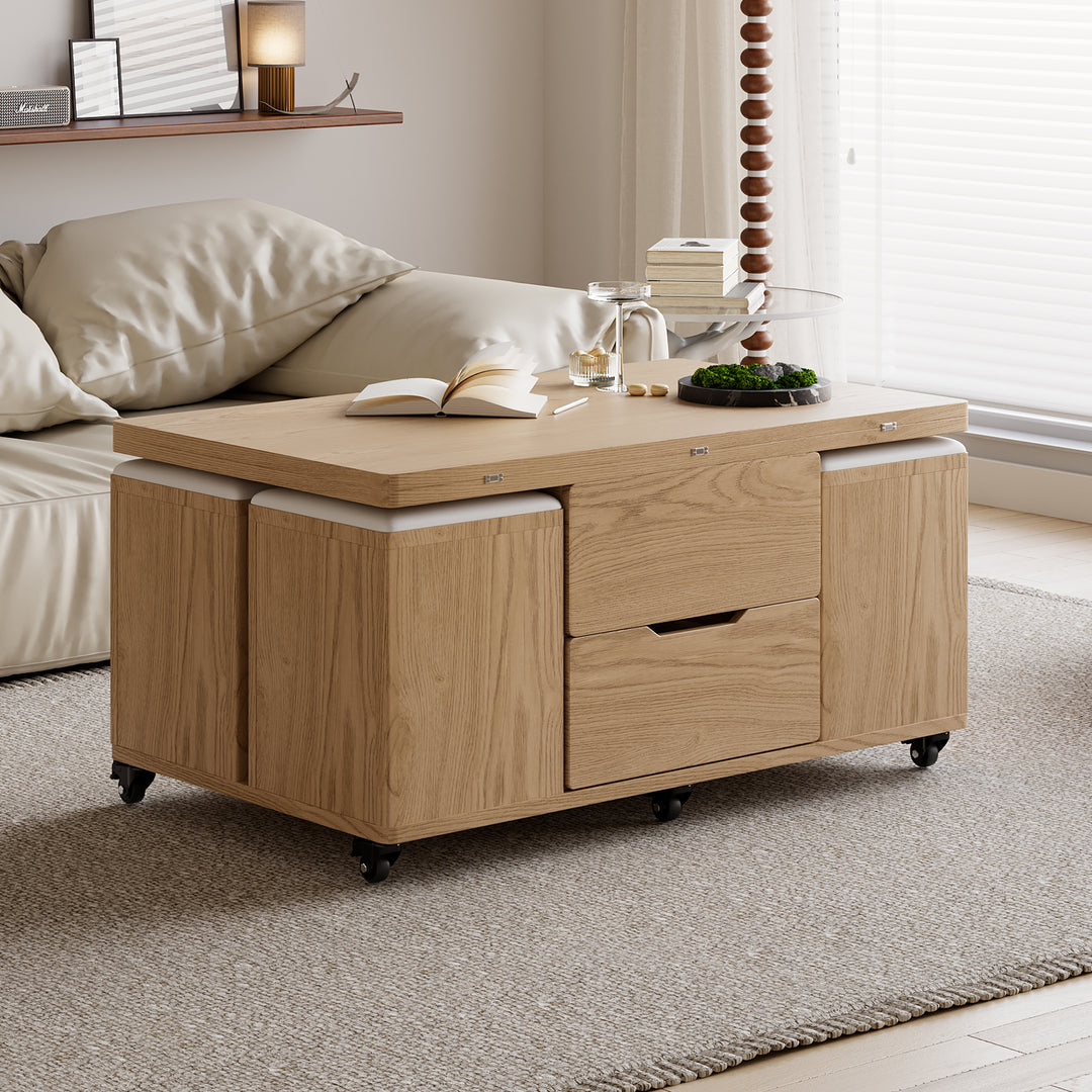 Modern Natural Lift Top Coffee Table 4 in 1 with Storage Ottoman Foldable and Casters