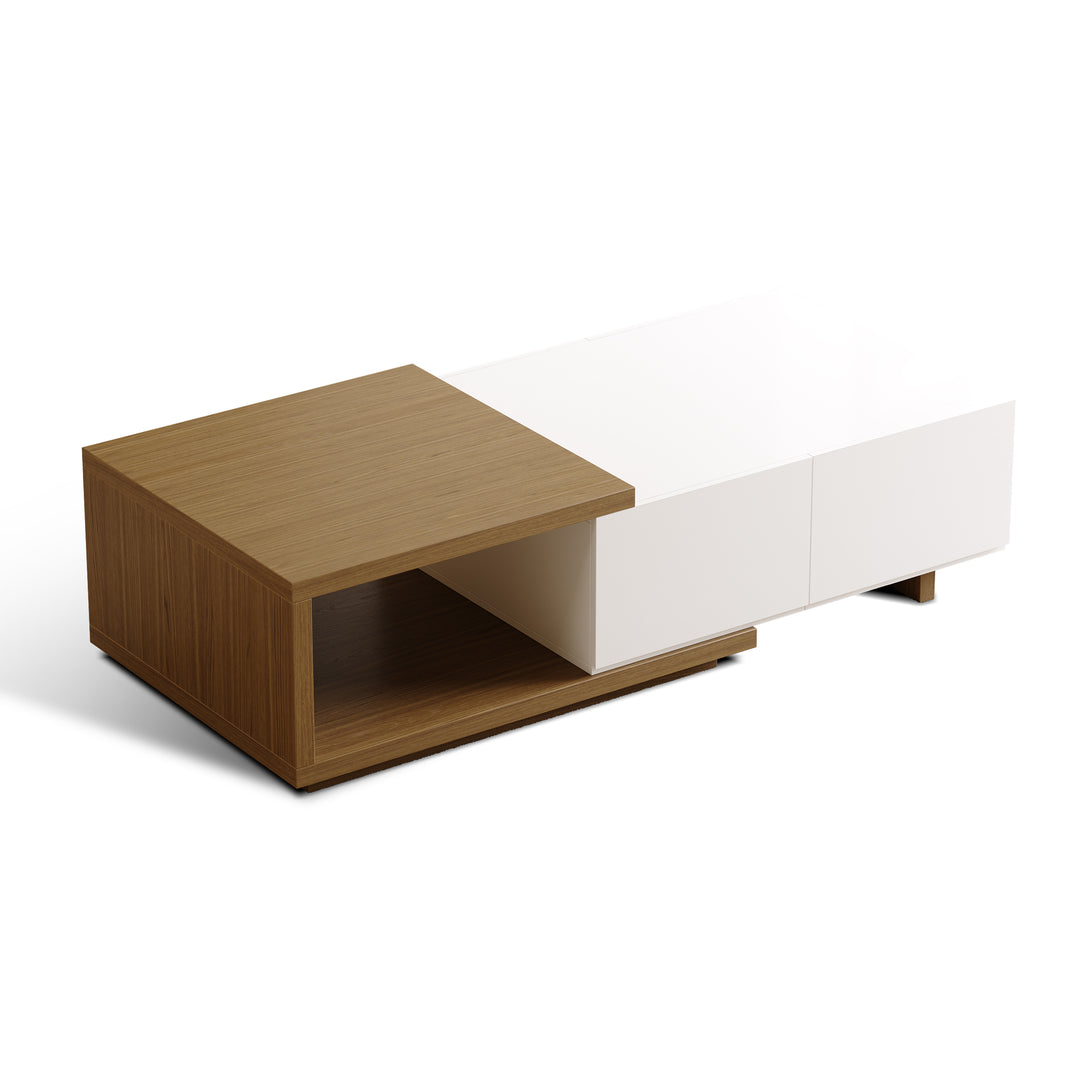 Quoint 1750mm Modern White & Walnut Coffee Table Retracted & Extendable with 2-Drawer