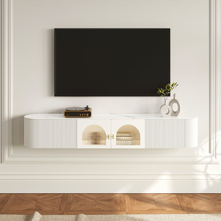 Modern White Floating Media Console Wall-Mounted TV Stand with Storage Sintered Stone Top for 1800 TV