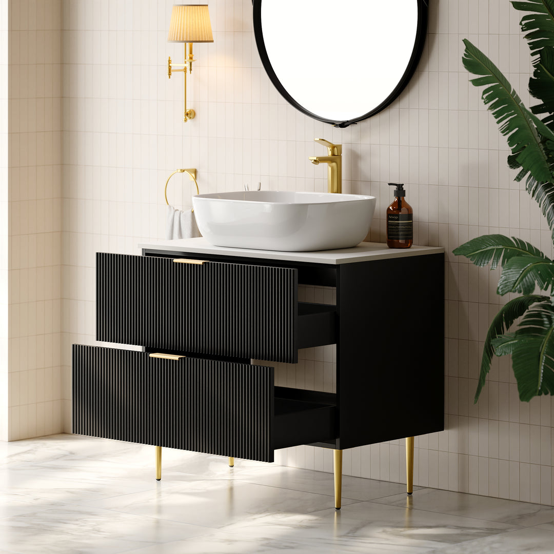 800mm Black Single Fluted Bathroom Vanity with Vessel Sink and 2 Drawers