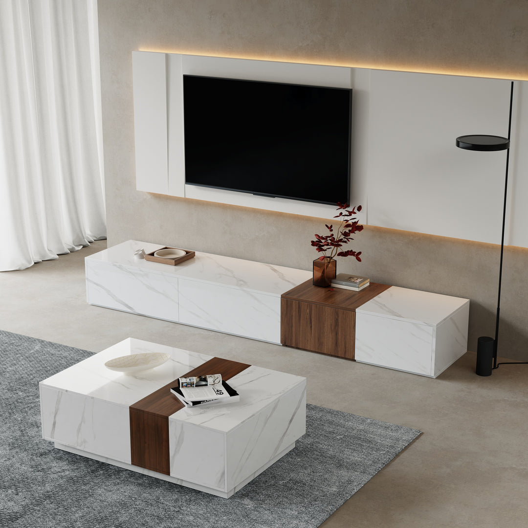 Vewal Wood Block TV Stand & Coffee Table Set