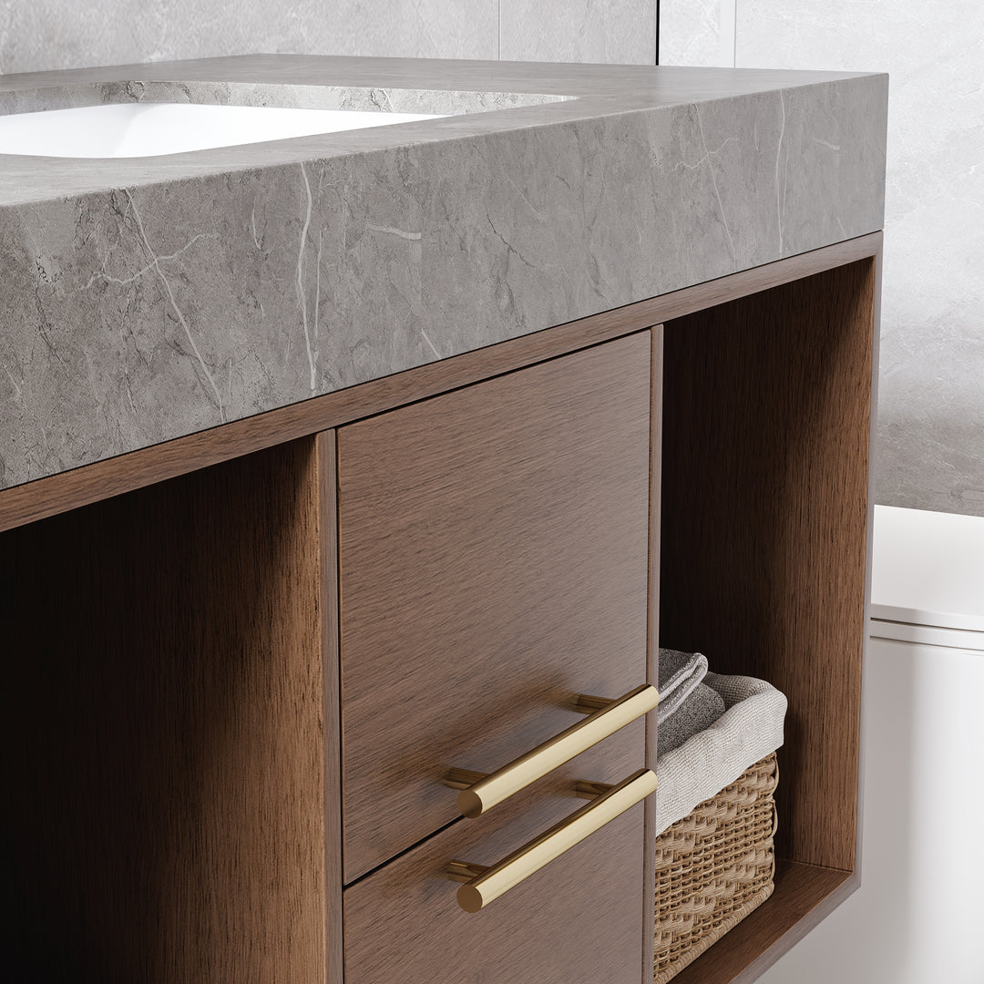 39.4" Floating Bathroom Vanity Walnut with Cultured Marble Vessel Sink with 2 Drawers