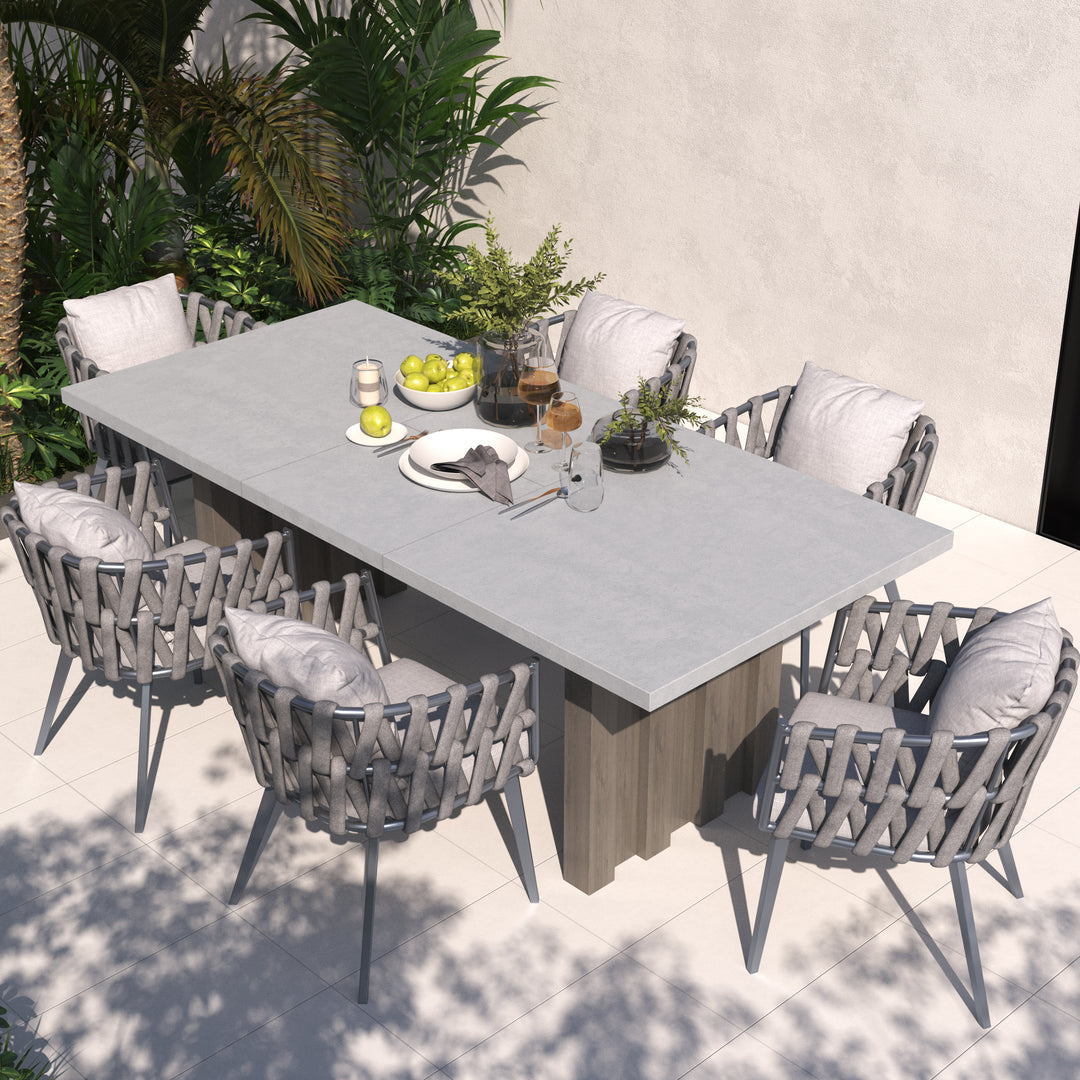 7 Pieces Grey Aluminium Outdoor Patio Dining Set with Extendable Table & Woven Armchair