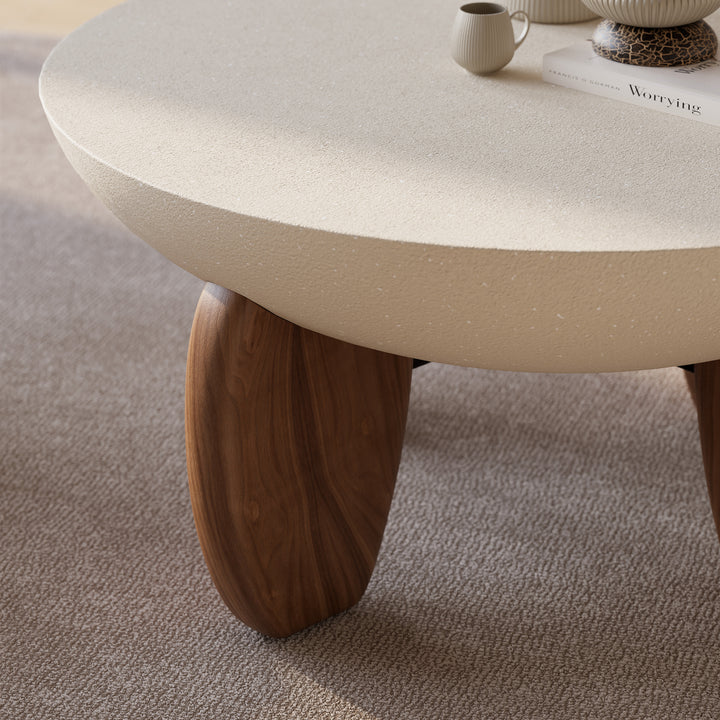 Curva Round Small Modern Beige & Walnut Coffee Table Concrete & Wood Accent Table